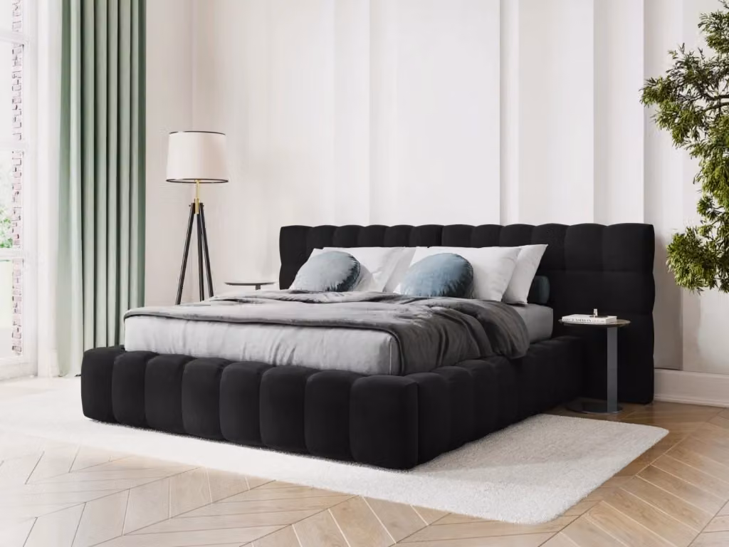 Letto con cassettone e testiera doppia Bali di Cosmopolitan Design in velluto nero L 180 cm x P 200 cm – 2