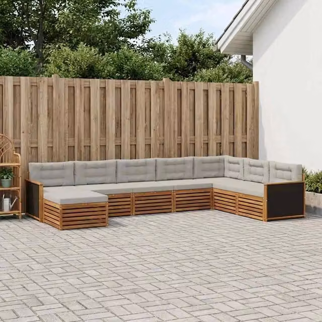 Set di divani da esterno a L con ottoman vidaXL in legno di acacia, beige e grigio – 1
