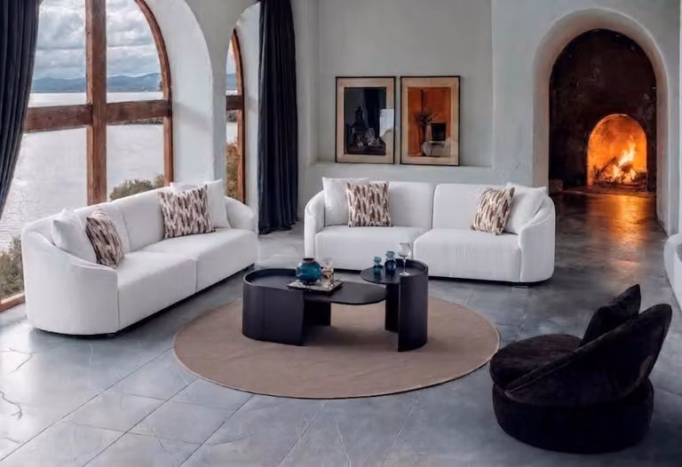 Set di divano e poltrone moderno, bianco e marrone, elegante, mobili per il soggiorno