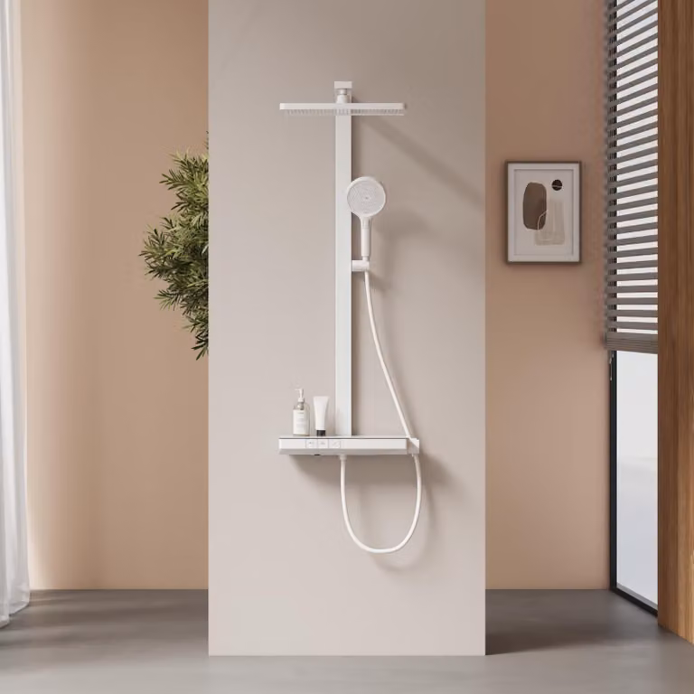 Sistema doccia con termostato, doccia a pioggia (36x24 cm), soffione manuale, ripiano in vetro