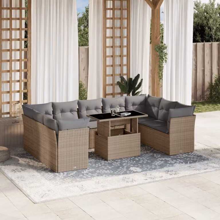vidaXL Set Divano da Giardino 10 pz con Cuscini Beige e Tavolino in Polyrattan e Metallo
