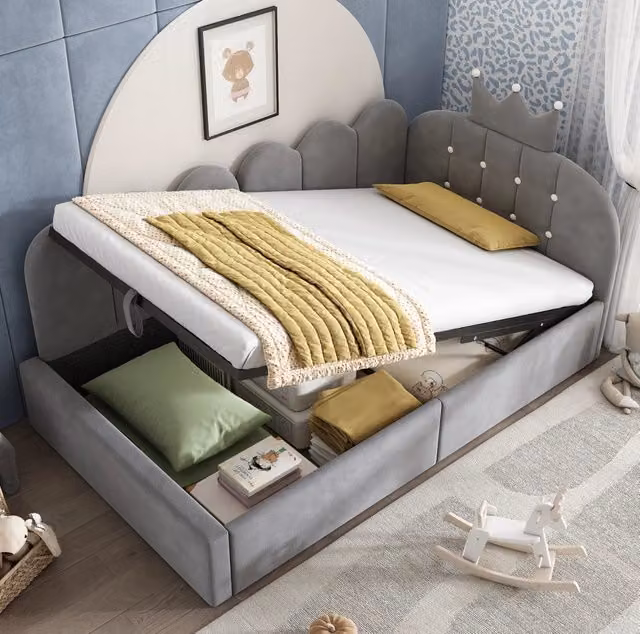 Letto contenitore 90x200 cm grigio in velluto con contenitore idraulico, senza materasso