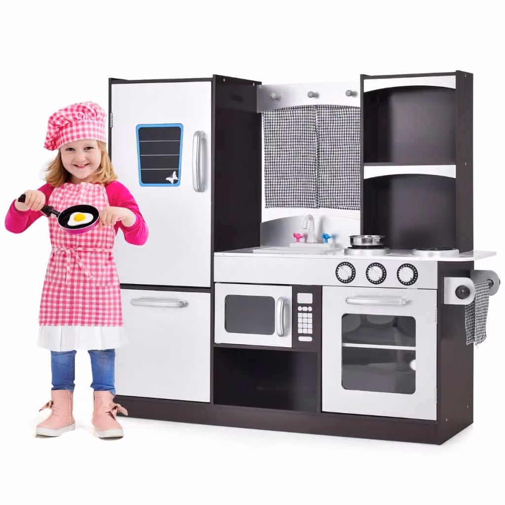 Set cucina giocattolo in legno per bambini DESIGN IN everyday con frigorifero, lavagna, forno e fornelli, marrone e bianco, L/P/H: 97 x 30 x 95 cm – 2
