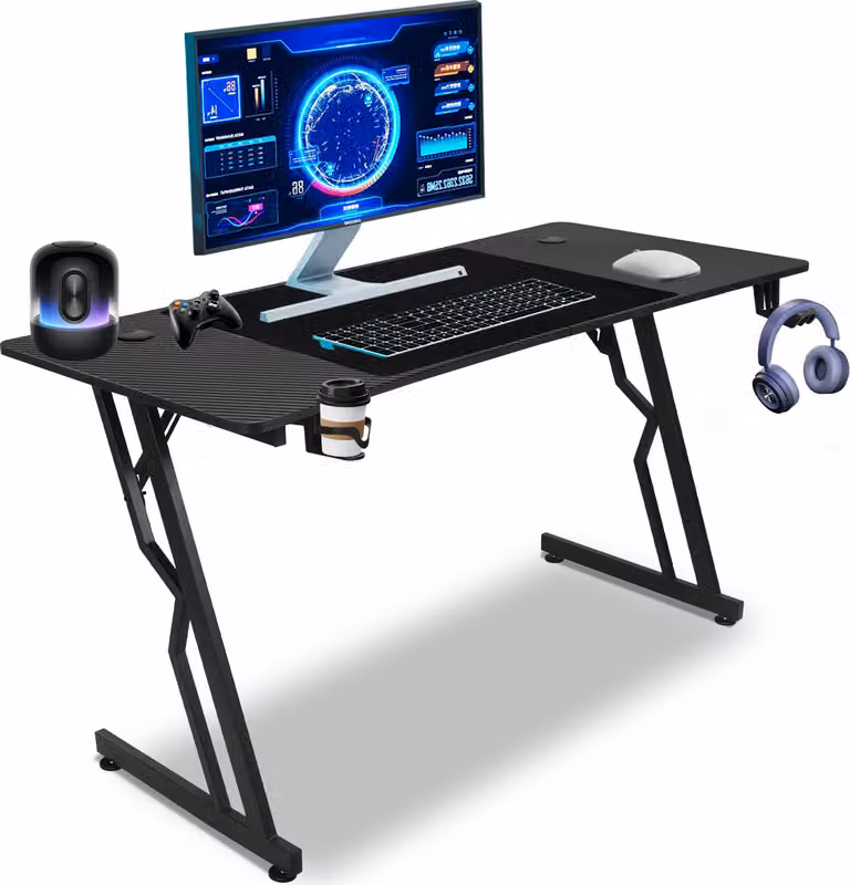 Scrivania da gaming Ikodm, dimensioni 140 x 60 cm, colore nero, con tappetino per mouse e struttura a Z con tubo K