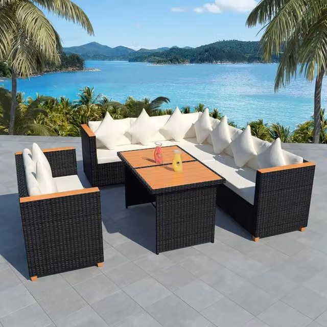 Set di Divani da Giardino a Forma di U con Tavolino vidaXL, 5 Pezzi in Polyrattan Nero e Bianco con Cuscini Inclusi