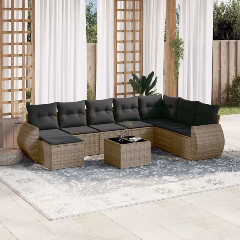 vidaXL Set Divano da Giardino 9 pz con Cuscini Grigio in Polyrattan e Struttura in Acciaio