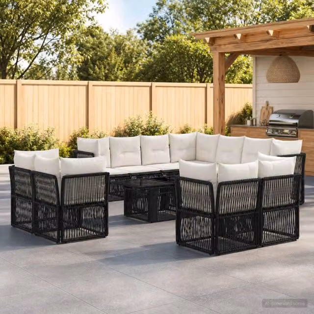 Set Divano da Giardino Moderno vidaXL in Polyrattan Nero con Cuscini e Tavolino da Esterno a Forma di U – 1