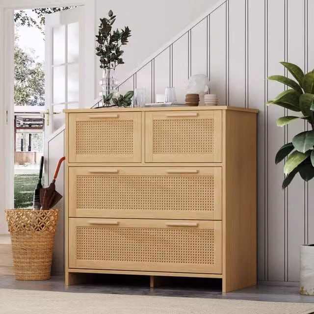 Cassettiera con 4 cassetti in rattan e dispositivo antiribaltamento per camera e soggiorno, MDF, 80 × 38 × 80 cm