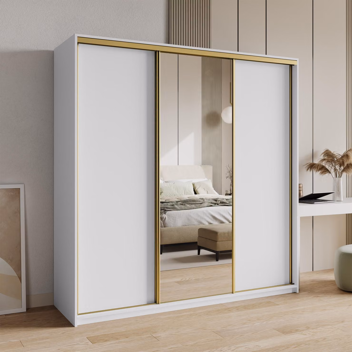 Armadio scorrevole Masseno TAVI 180/205/60 cm Armadio con 4 cassetti Armadio per camera da letto a 3 ante con specchio Bianco