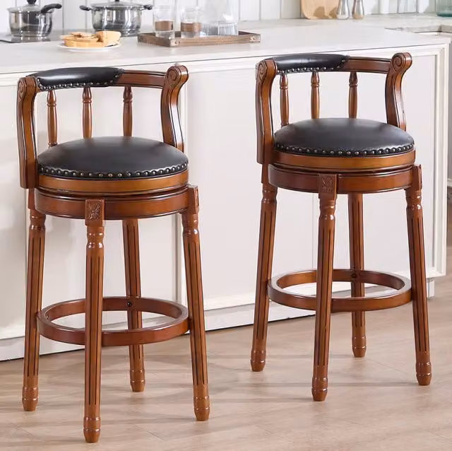 Sgabello da Bar Girevole in Pelle Bovino con Schienale e Struttura in Legno Avorio, Altezza 75 cm, per Cucina e Sala da Pranzo