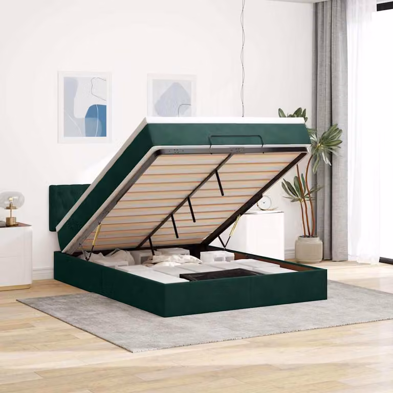 vidaXL Struttura Letto con Materasso e Contenitore Lift-up in Velluto Verde e Bianco L: 200 cm, P: 140 cm, H: 88 cm