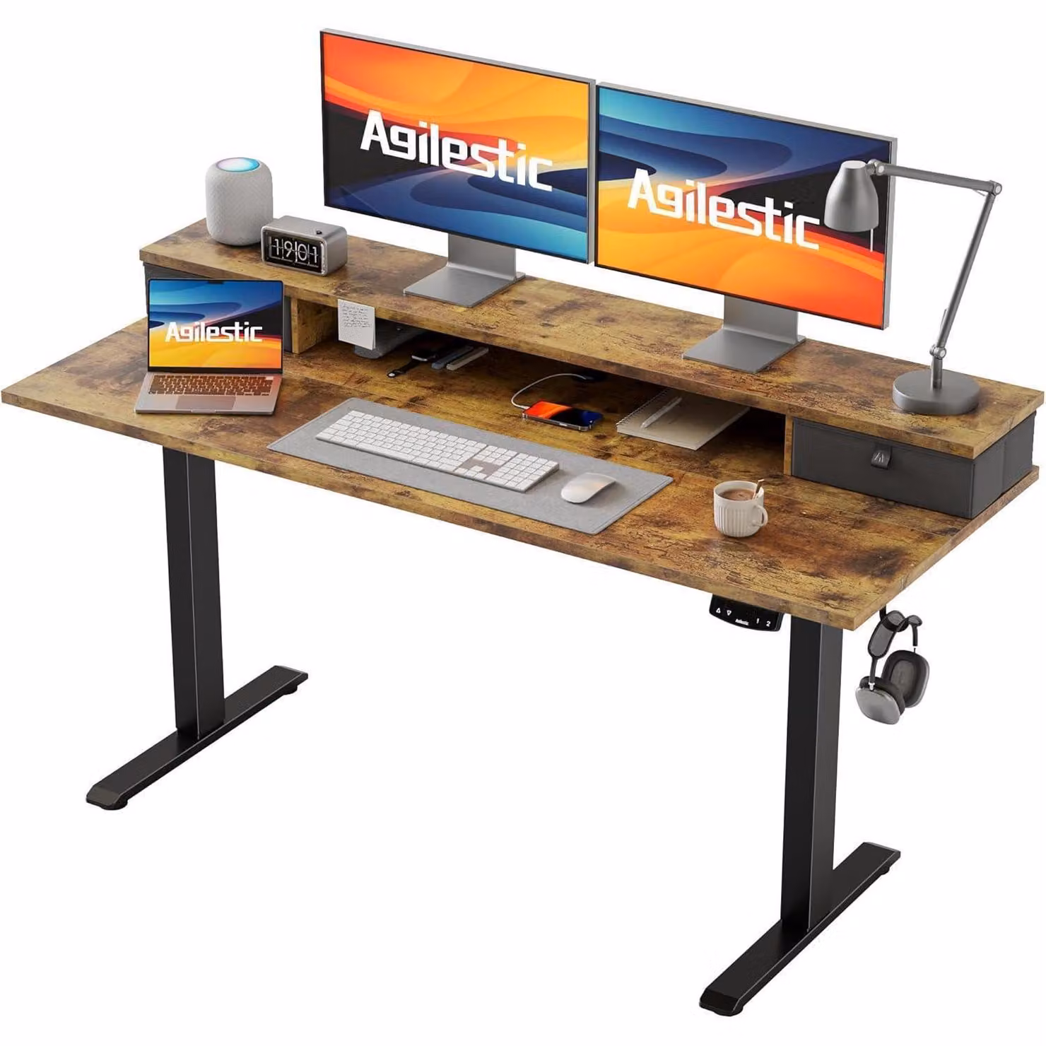 Scrivania regolabile in altezza con 2 cassetti, dimensioni 140 x 60 cm, motorizzata, scrivania ergonomica da lavoro in piedi e seduti, colore marrone