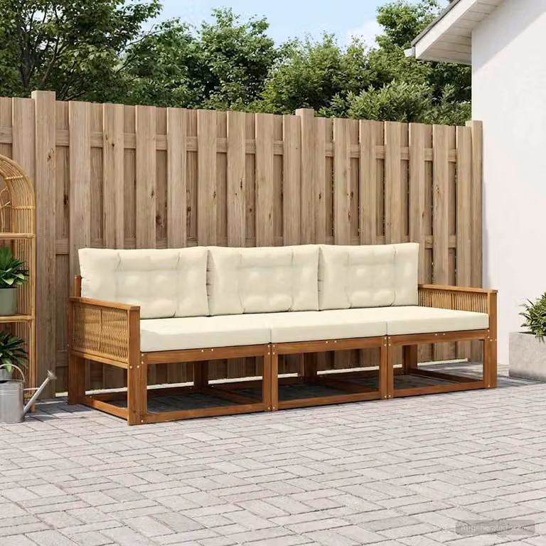 Set di divani da esterno vidaXL in legno di acacia con cuscini, 3 pezzi, Marrone e Beige
