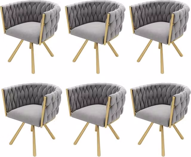Set da 6 sedie da pranzo in velluto grigio con struttura in metallo dorato e seduta girevole