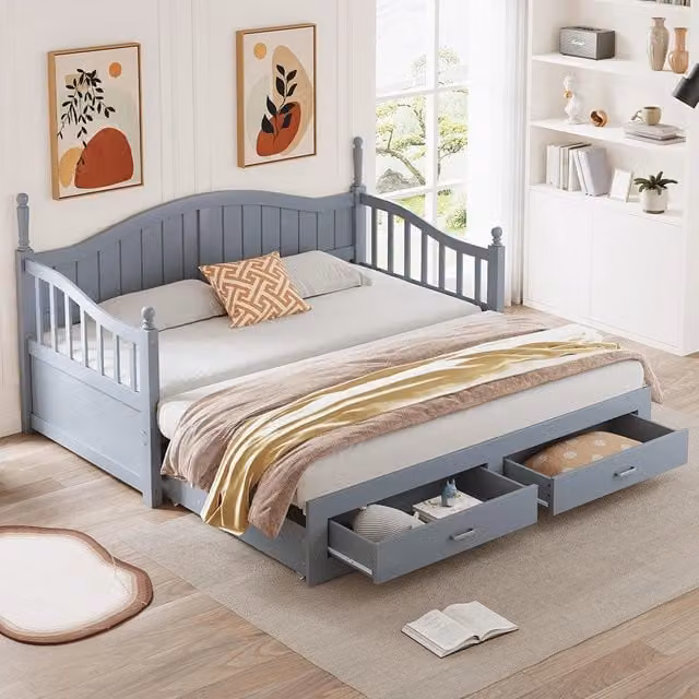 Divano letto con colonne 90/180x190cm - Xylo - grigio, schienale curvo, cassetti