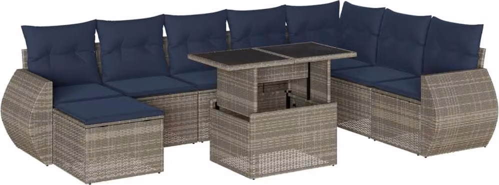 Set Divani da Giardino 9 pz con Cuscini Grigio in Polyrattan