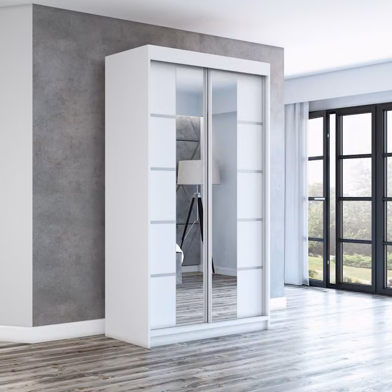 Armadio a porte scorrevoli, a 2 ante, modello ERA 120 cm (con specchio) (Bianco / bianco / bianco)