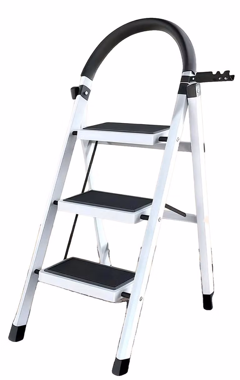 Scala a cavalletto, gradini antiscivolo, maniglia ergonomica curva, 3 gradini, colore bianco