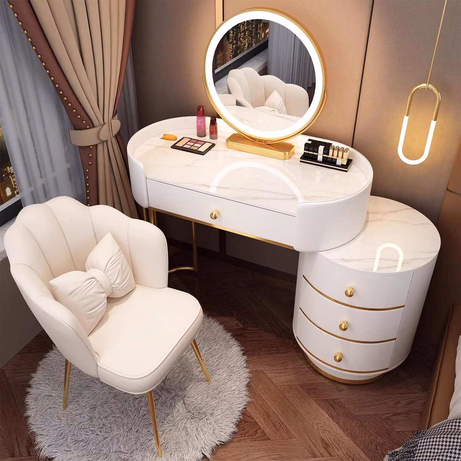 Set da trucco con specchio e sedia, colore bianco, 80 cm