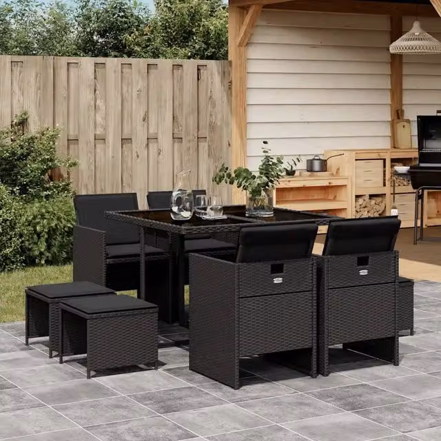 Set da Pranzo da Giardino 9 pz con Cuscini Nero in Polyrattan 3210595
