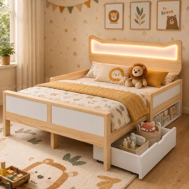 Letto per bambini 140 x 200 cm con testiera a orecchie di gatto e LED RGB, rete a doghe, cassetto e vano montabili a destra/sinistra - Bianco e Rovere