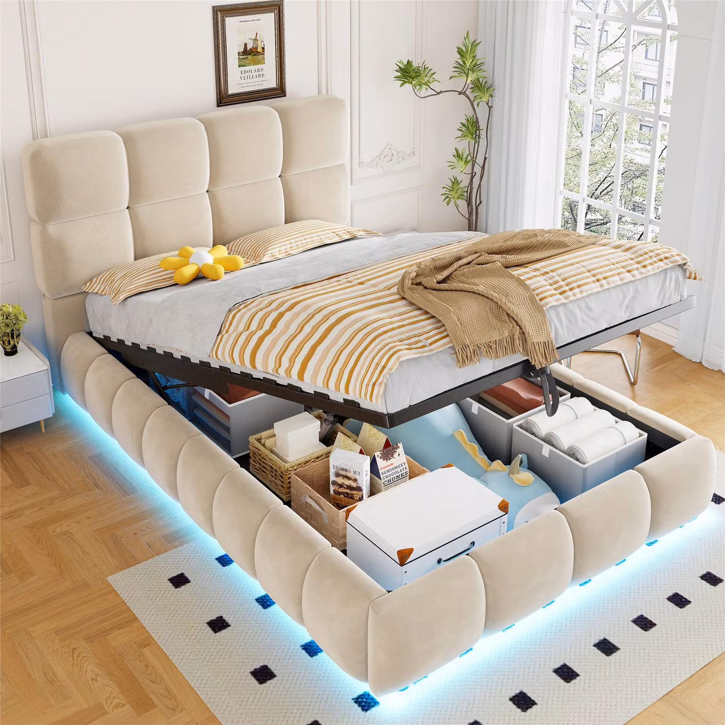 Letto imbottito Merax 90x200 cm con spazio contenitore a sollevamento idraulico, letto per bambini con striscia LED, letto singolo imbottito con testiera in velluto, contenitore sotto il letto, colore beige