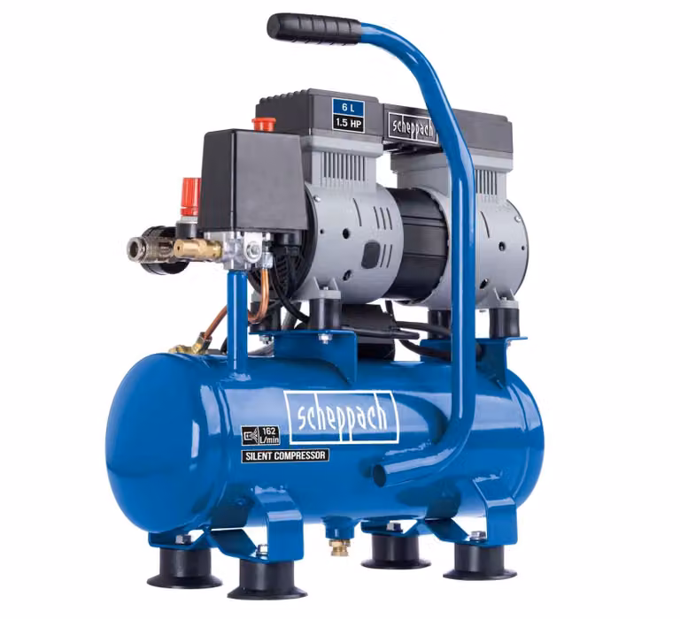 Compressore Scheppach Ultra Silent HC08Si | 1,5 hp / 1100 W | 8 bar | 6 litri | 162 l/min di capacità di aspirazione | 67,4 db(A)* Silenzioso | + riduttore di pressione e accoppiamento