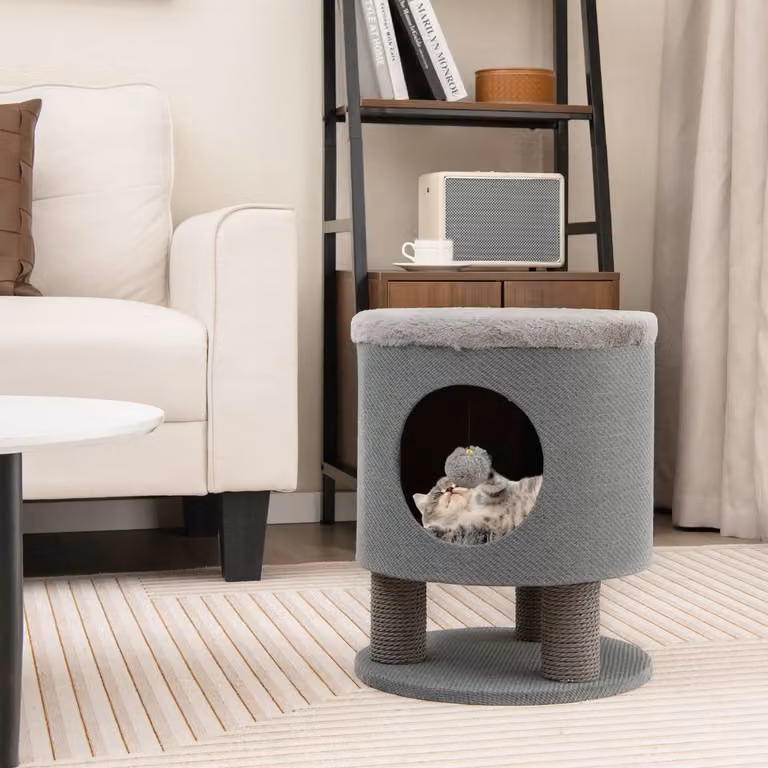 Sgabello nicchia per gatti Costway con pali tiragraffi e pallina di peluche, casetta multiuso per animali domestici, Grigio