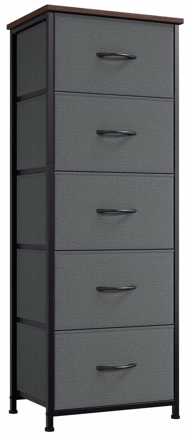 Comodino in tessuto con 5 cassetti, colore grigio antracite, dimensioni 30x42x114,5 cm