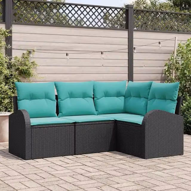 Set Divano da Giardino 4 pz Nero e Turchese polyrattan 3354695
