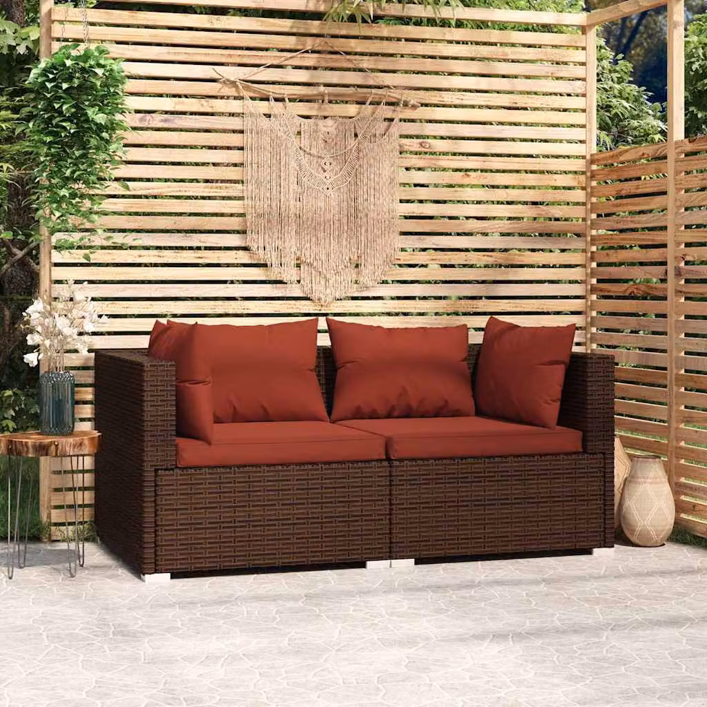 vidaXL Divano da giardino a 2 posti in polyrattan marrone con cuscini rimovibili e struttura in metallo