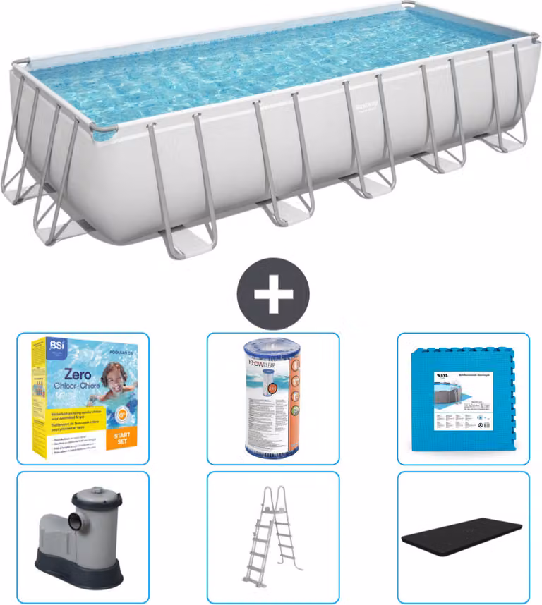 Piscina rettangolare Bestway Power Steel - 640 x 274 x 132 - Grigio - compresa pompa - scaletta - copertura pacchetto manutenzione - filtro - pavimento in piastrelle