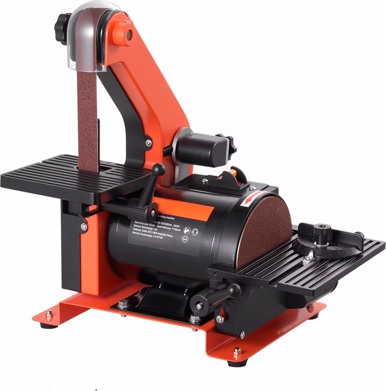 SucceBuy Levigatrice a nastro 250 W, disco di levigatura da 127 mm e nastro di levigatura da 25,4x762 mm, con tavolo di lavoro inclinabile da 0-45° e aspirazione della polvere per la lavorazione del legno e l'affilatura di coltelli