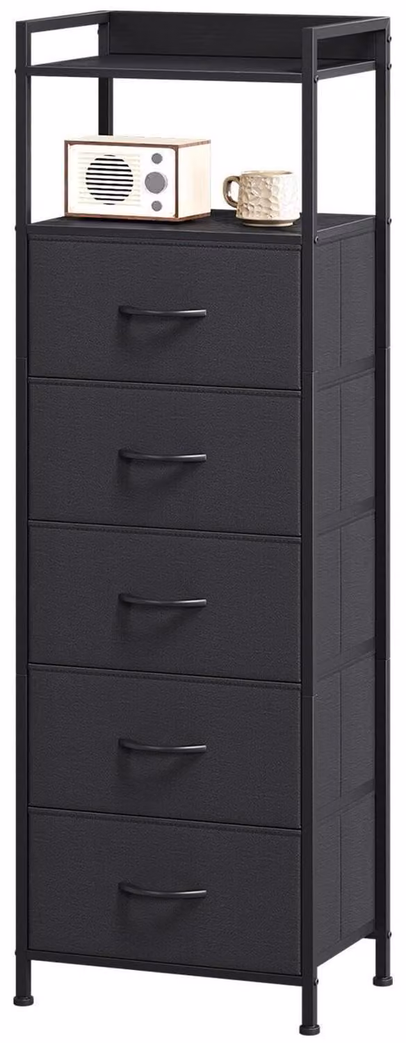 Comodino con 5 cassetti in tessuto, colore nero, dimensioni 28x40,2x124 cm