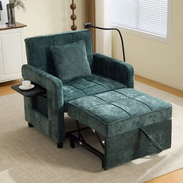Poltrona letto 2 in 1 in ciniglia verde; schienale reclinabile; 167x79x83 cm