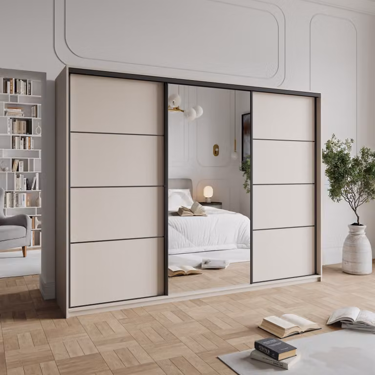 Masseno Armadio a porte scorrevoli VARO 270/205/60 cm Armadio con cassetti Armadio da camera da letto a 3 ante con specchio Cashmere + Nero