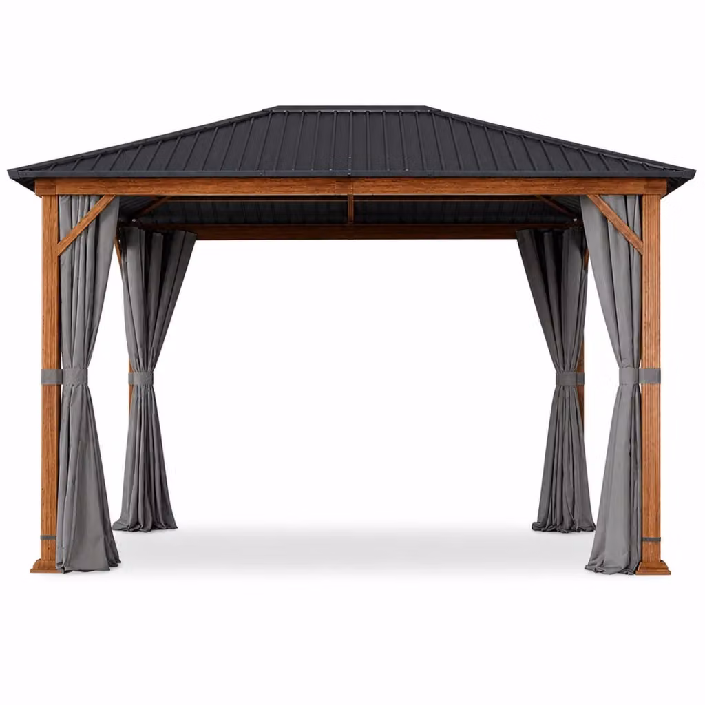Gazebo da giardino Arreditaly con struttura effetto legno e tende laterali impermeabili, L/P/H: 300 x 400 x 295 cm, colore marrone e grigio – 2
