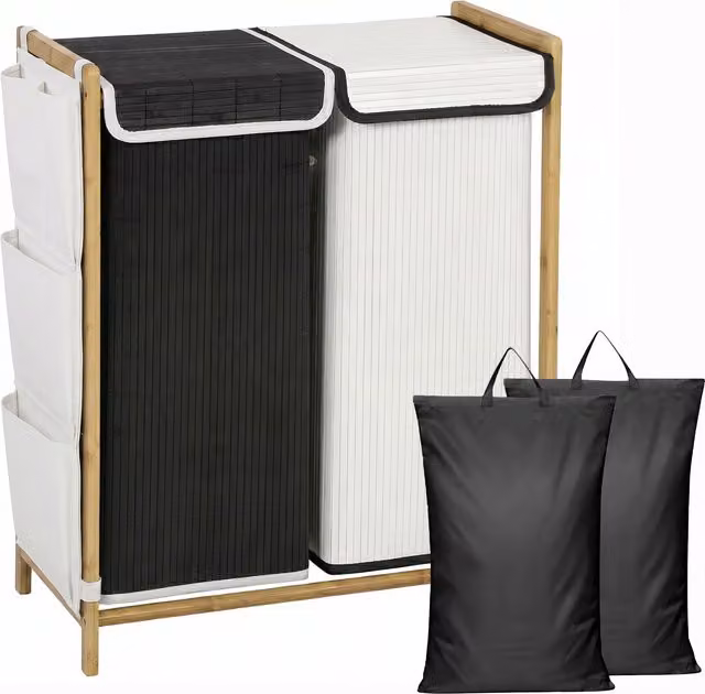 Cesto Portabiancheria HOMCOM con 2 Scomparti da 120L, Coperchi, Tasche Laterali e Sacchi Estraibili in Bambù e Tessuto – 1