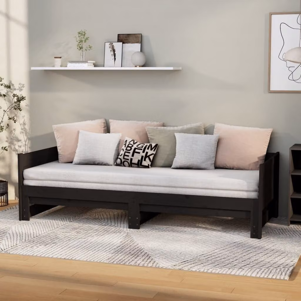 The Living Store Letto da giorno allungabile in pino massiccio nero 2x(90x200) cm