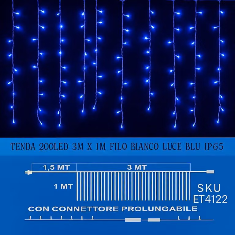 ETTROIT Tenda Luminosa 200 LED, 3Mt, Luce Blu, Cavo Bianco, IP65, Prolungabile, Effetto Flash , Con fili uniformi da 1 metro , ghirlanda nataliza, negozi, balcone natale