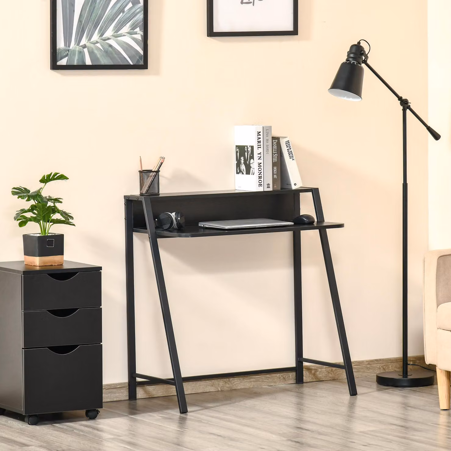 scrivania per computer okwish scrivania da ufficio con gestione dei cavi ed eleganti ripiani, scrivania da lavoro con struttura in metallo laccato, nero