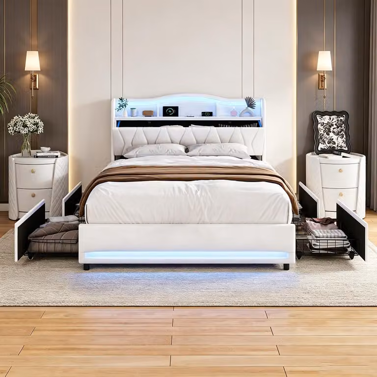 Letto imbottito INONEFT 140x200 con cassetto contenitore, letto matrimoniale con LED e USB, letto per ragazzi, struttura letto con rete a doghe, letto contenitore, velluto, beige
