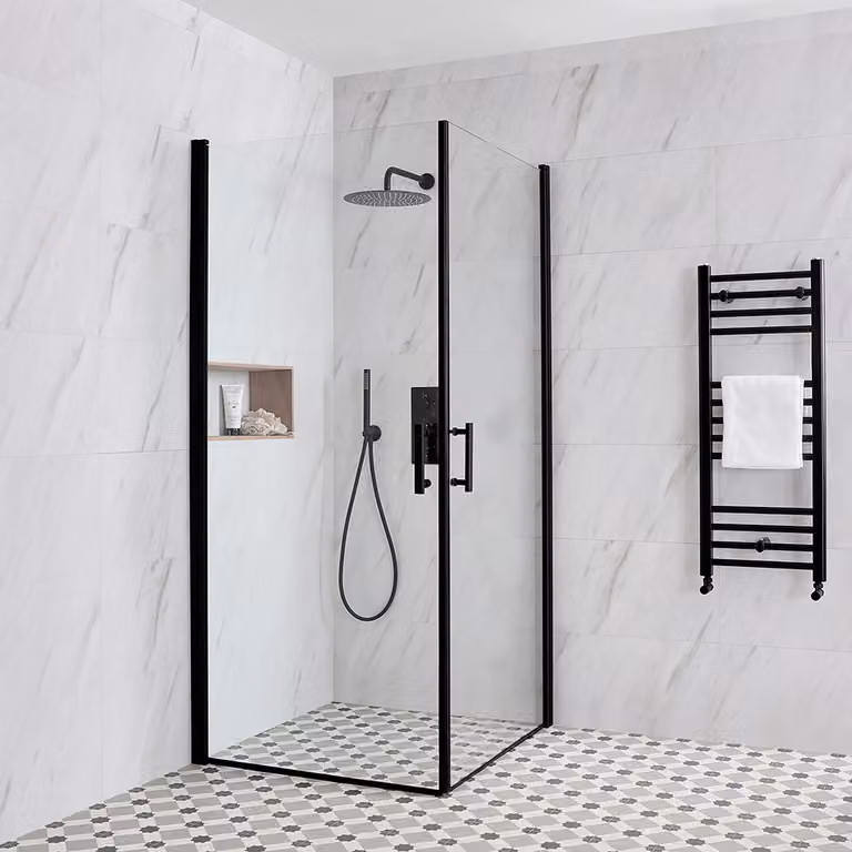 Box Doccia Walk-In Angolare a Doppia Anta Battente - Nero - 700mm x 700mm - Nox