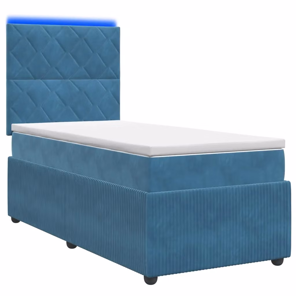 Letto Box Spring vidaXL in Velluto Blu con Materasso Ibrido e Illuminazione LED, L/P: 90 x 190 cm – 2