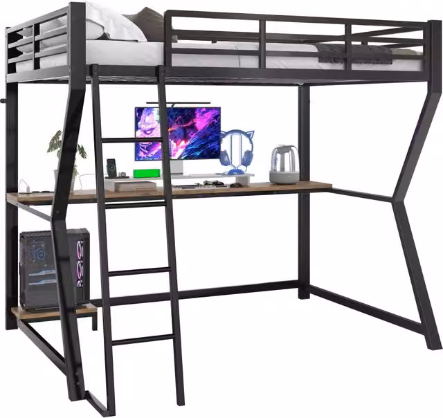 Letto a castello REDOM in metallo nero con porta di ricarica USB e illuminazione sottostante, dimensioni 90 x 200 cm – 1