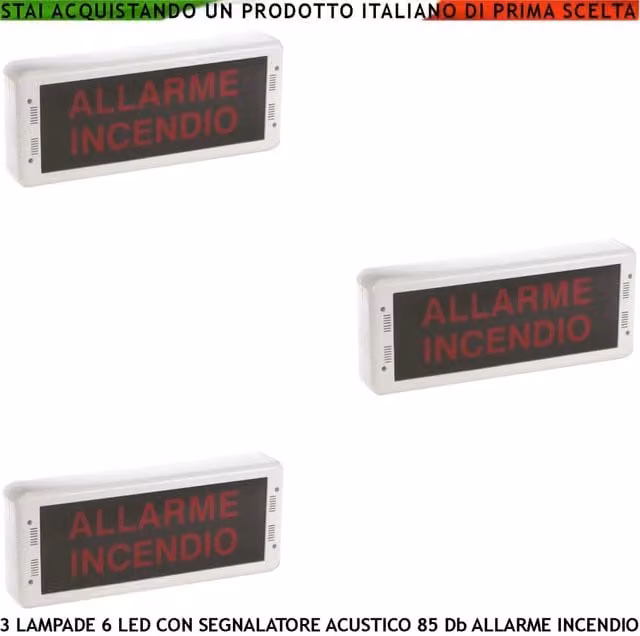 Set di 3 Segnalatori di Via di Fuga Securvera con Luce LED e Sirena da 85 dB, Scritta Allarme Incendio, Pannello da Muro in Plastica Rosso e Bianco, Certificati EN 54-3 e EN-54-23