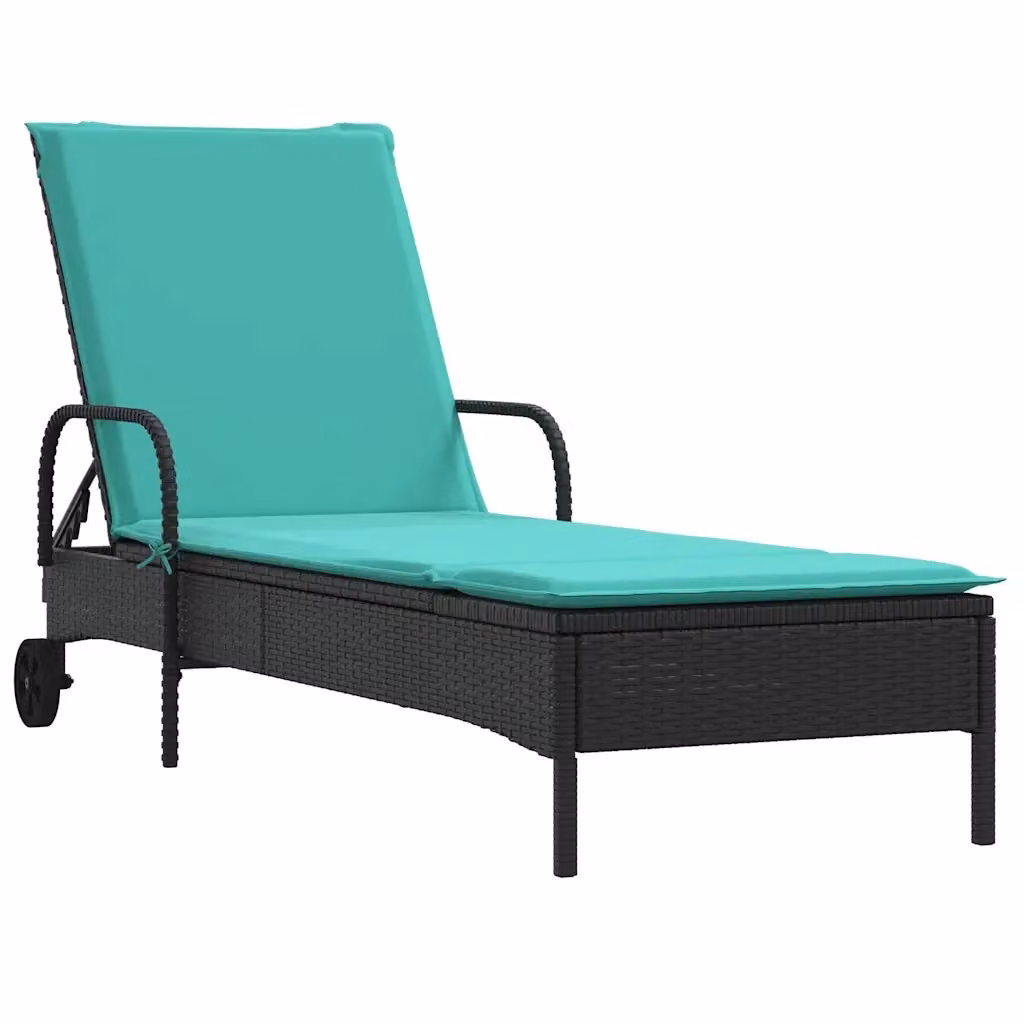 Lettino prendisole con ruote vidaXL in polyrattan nero e cuscino turchese resistente ai raggi UV – 2