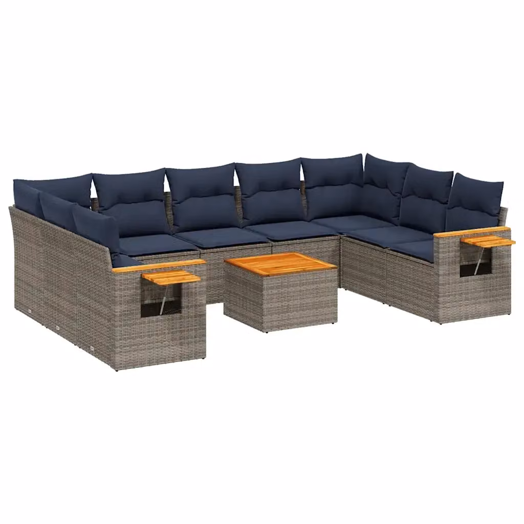Set di divani da giardino vidaXL in polyrattan con cuscini grigi e blu, composto da 10 pezzi con elementi angolari, poltrone lounge e tavolino da esterno – 2