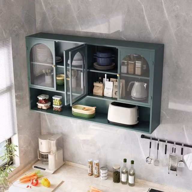 Pensile a 4 ante in vetro e metallo, stile industriale, per cucina e soggiorno, verde scuro, 120 × 23 × 70 cm