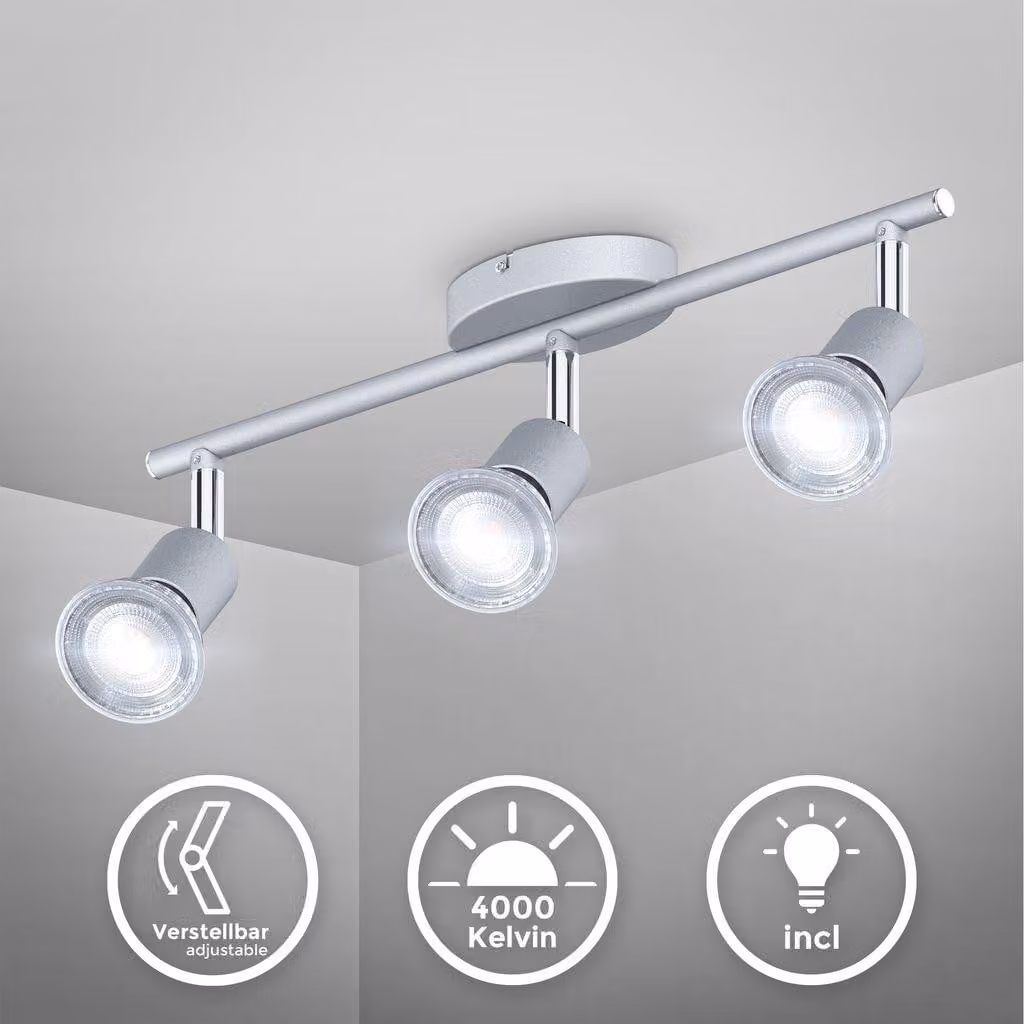 B.K.Licht I spot LED a soffitto a 3 fiamme I 3x 5W illuminante GU10 I 3x 400lm I girevole I IP20 I 4000K bianco neutro I color titanio
